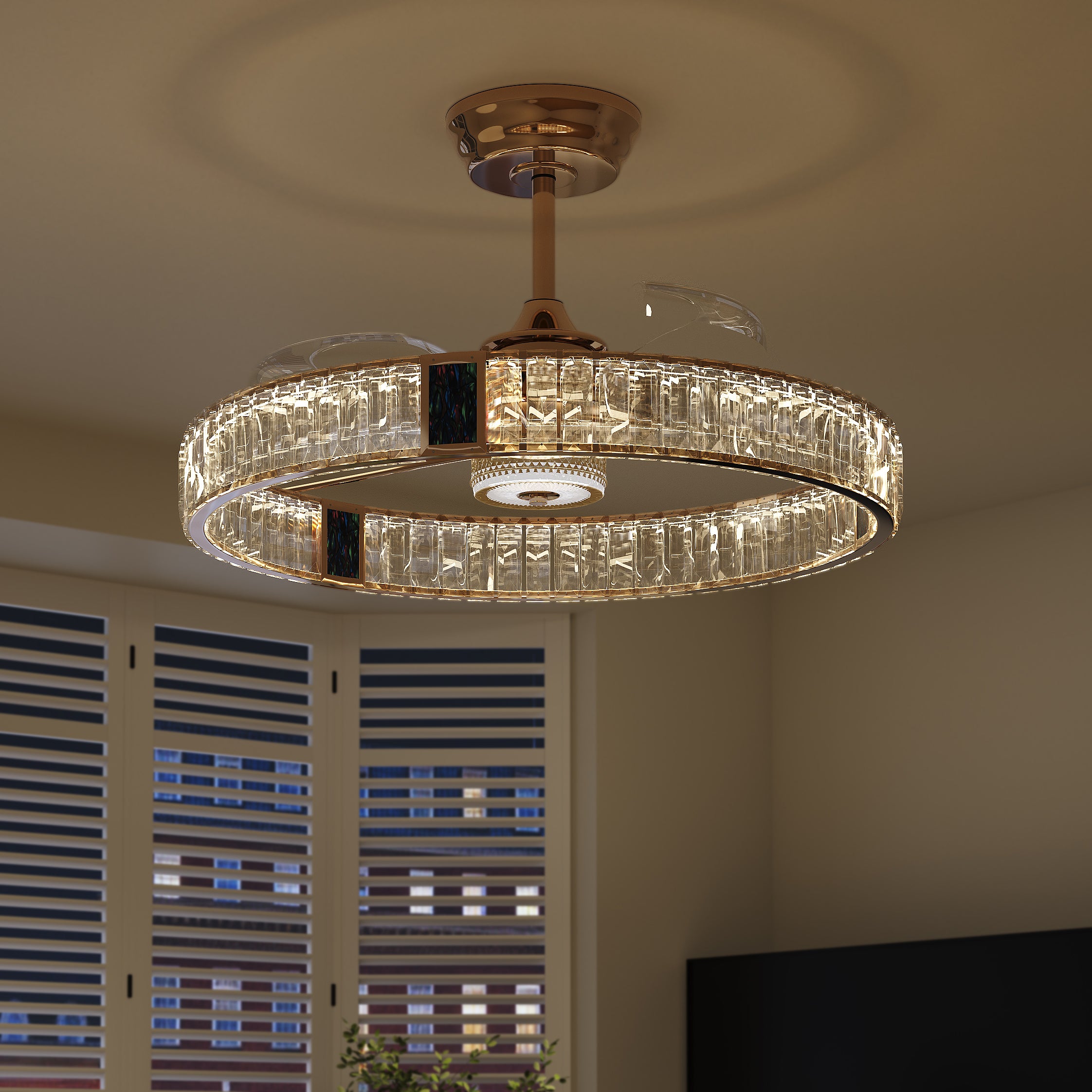Gold crystal ceiling fan with light and remote, compact 60cm decorative design