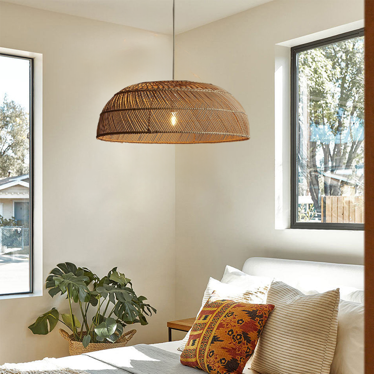 Handcrafted Rattan LED Lid-Shaped Pendant Light