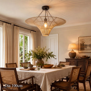 100cm handwoven rattan ceiling light above a relaxed dining room