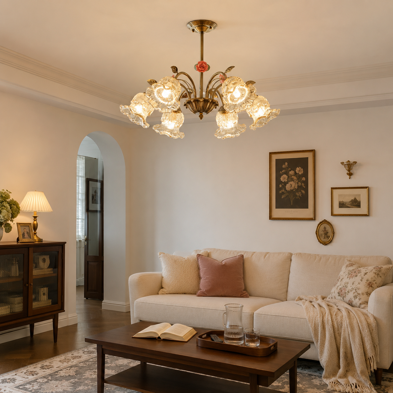 6-light gold vintage pink floral glass chandelier in a soft pink living room