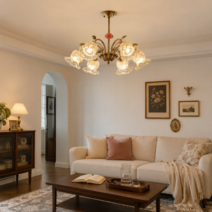 6-light gold vintage pink floral glass chandelier in a soft pink living room