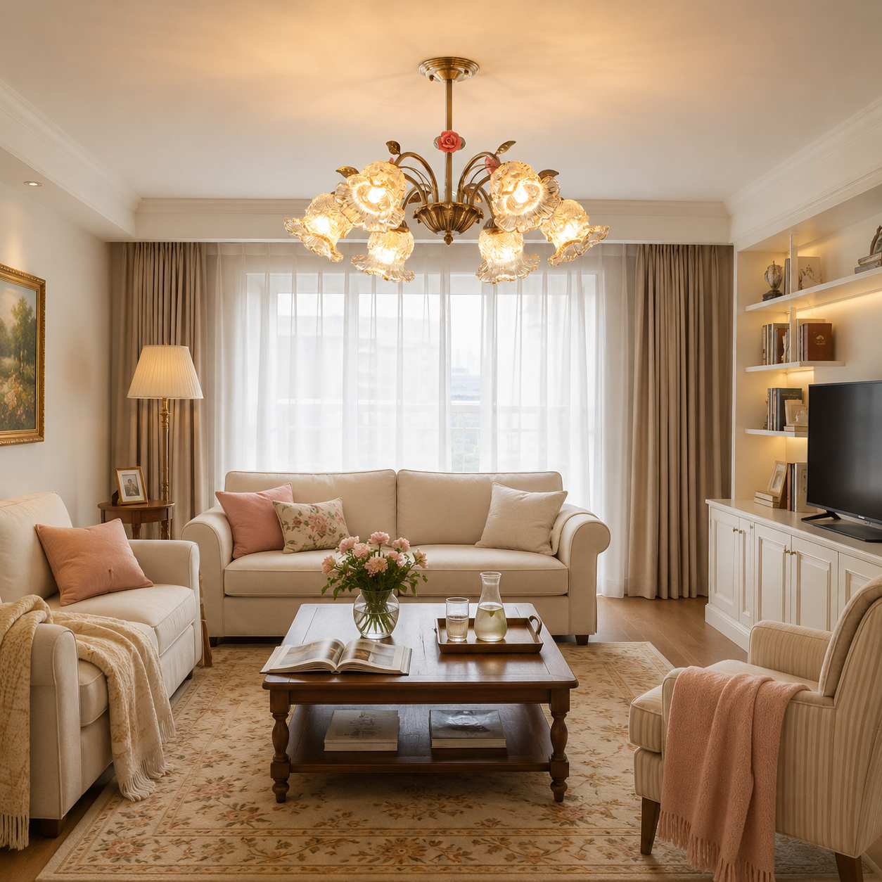 6-light gold vintage pink floral glass chandelier above a cosy sofa and coffee table