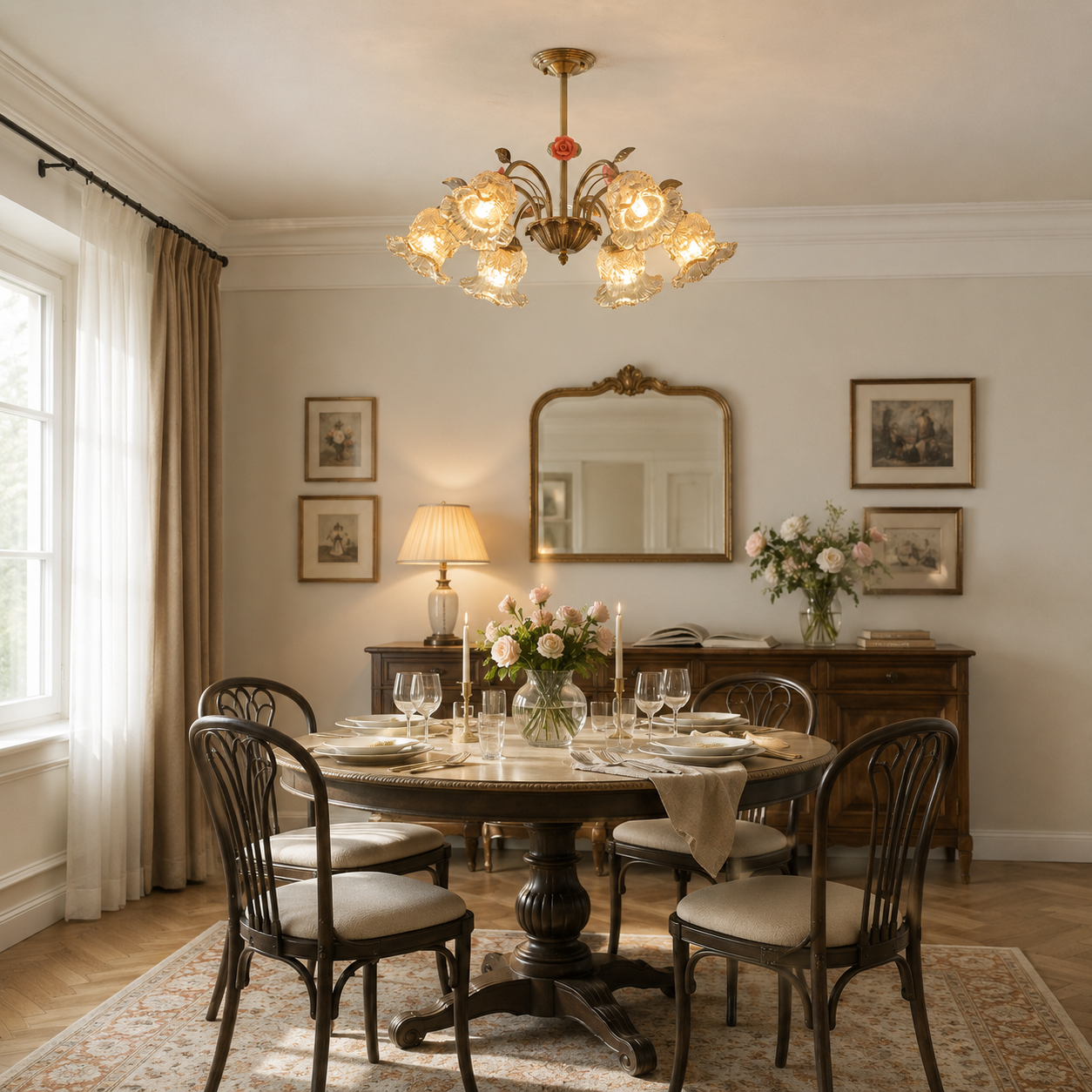 6-light gold vintage pink floral glass chandelier above a round dining table