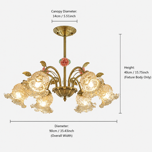 dimension chart for the pink floral chandelier for 6-light gold vintage pink floral glass chandelier