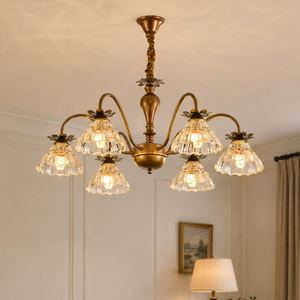 6-light gold vintage floral glass chandelier with six gold floral glass shades