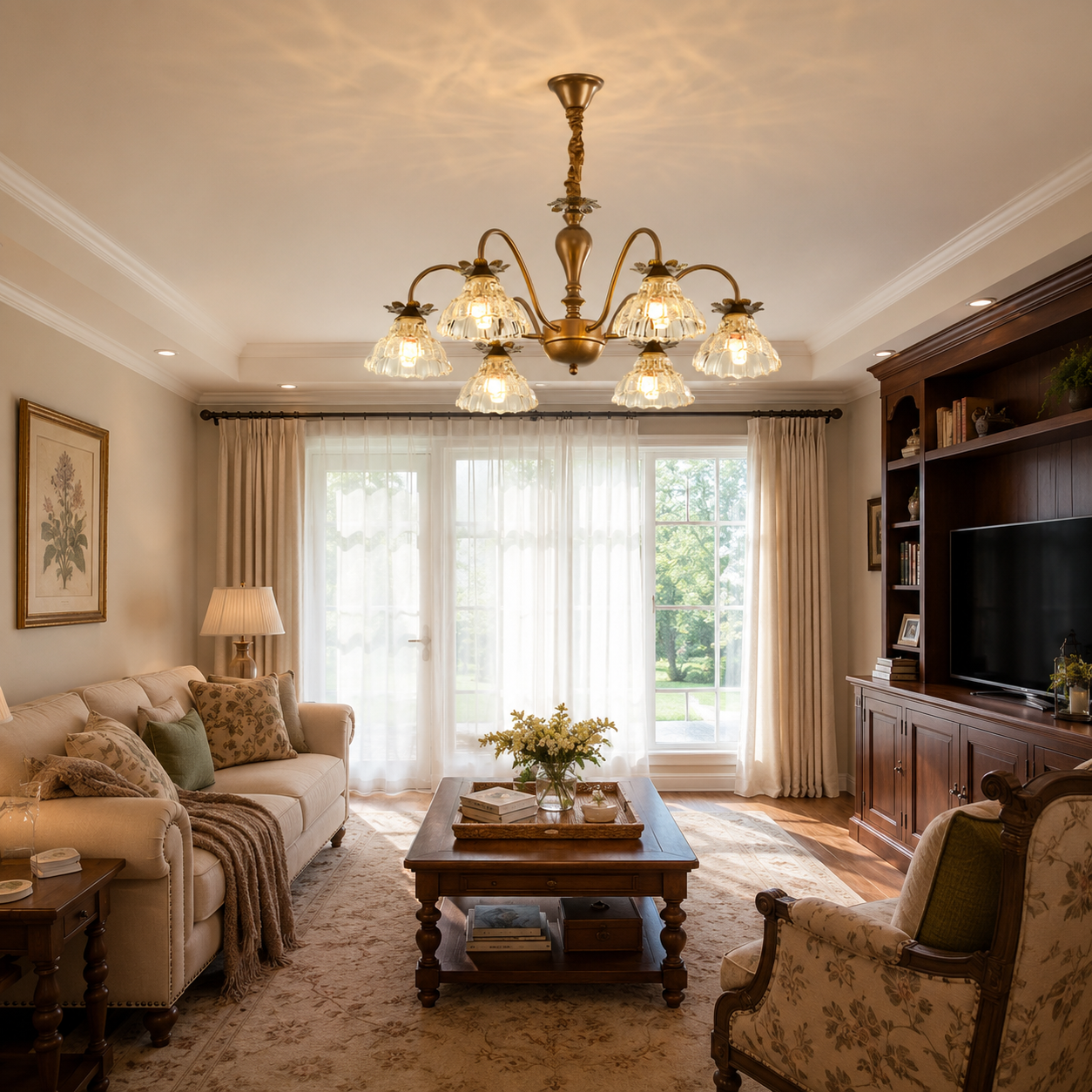 6-light gold vintage floral glass chandelier in a cosy living room with classic decor