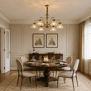 6-light gold vintage floral glass chandelier above a round dining table