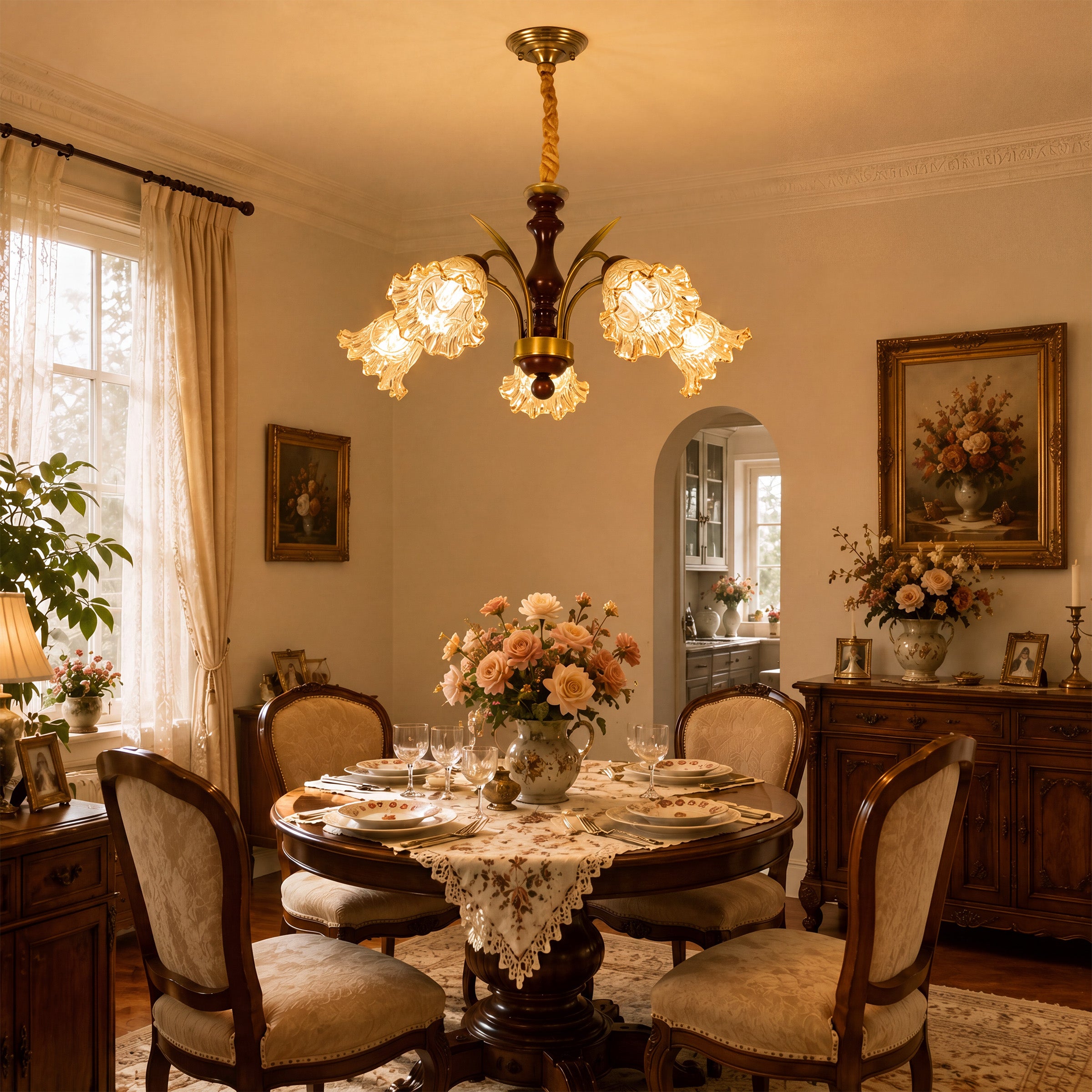5-light copper chandelier with flower glass shades brightening a traditional dining room