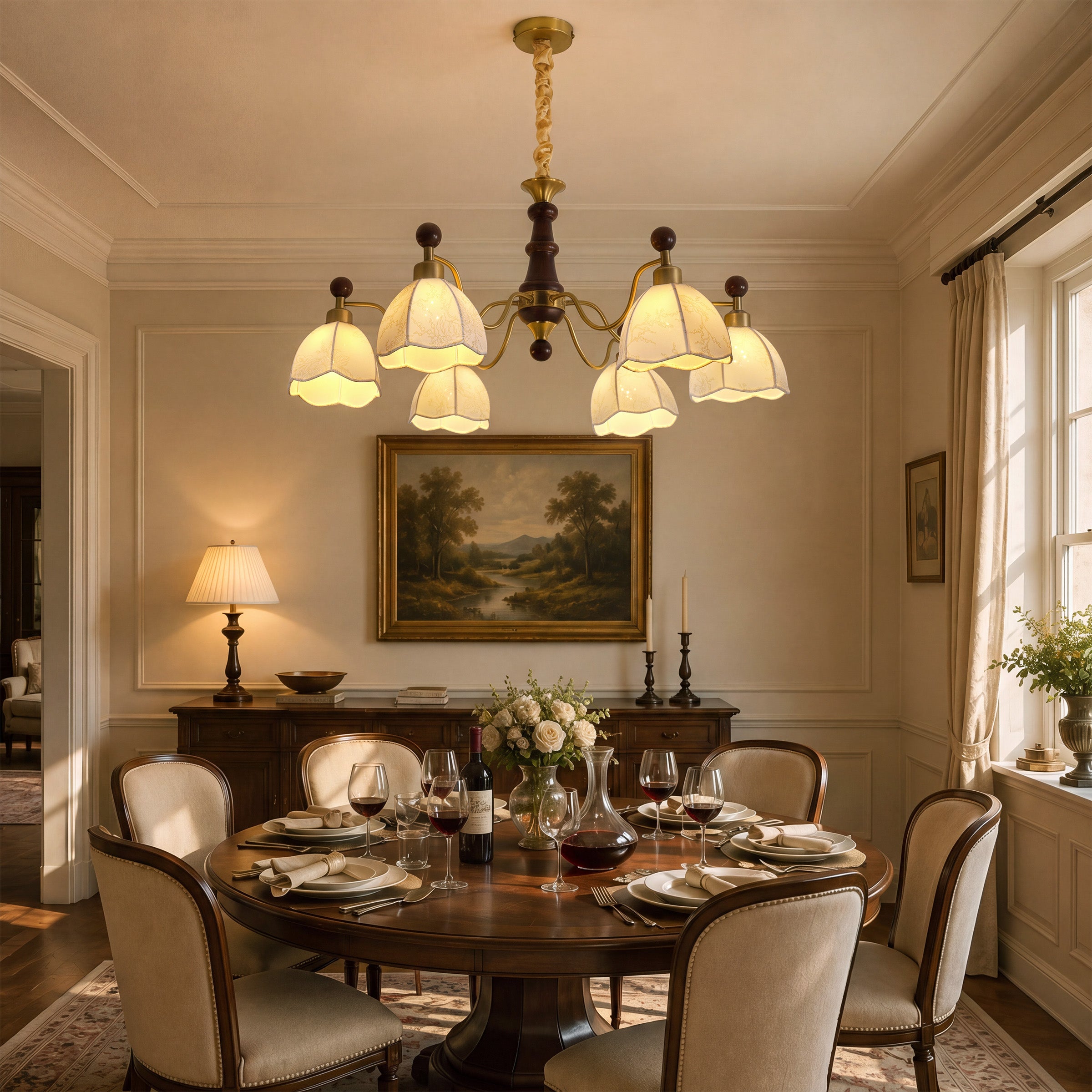 6-light chandelier with yellow fabric shades brightening a traditional dining room