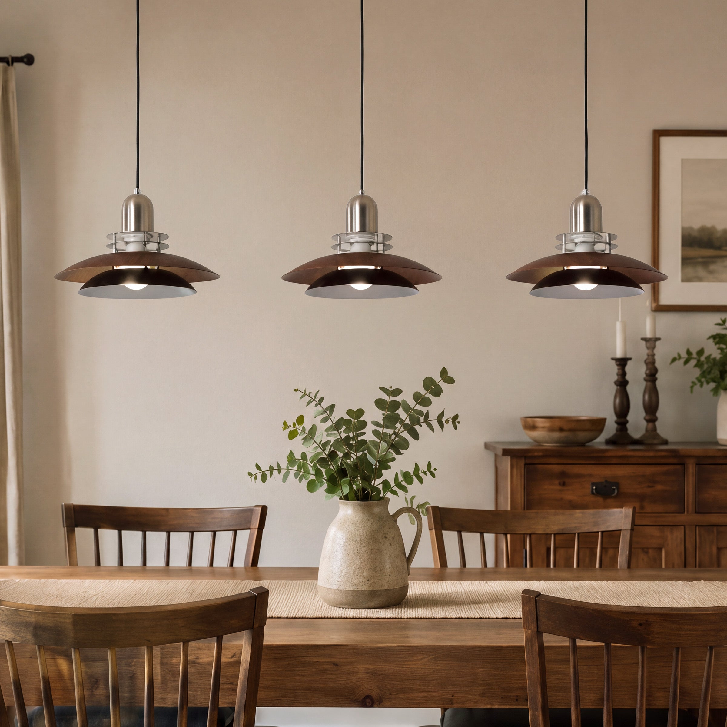 3-light walnut iron bar pendant in a warm living room