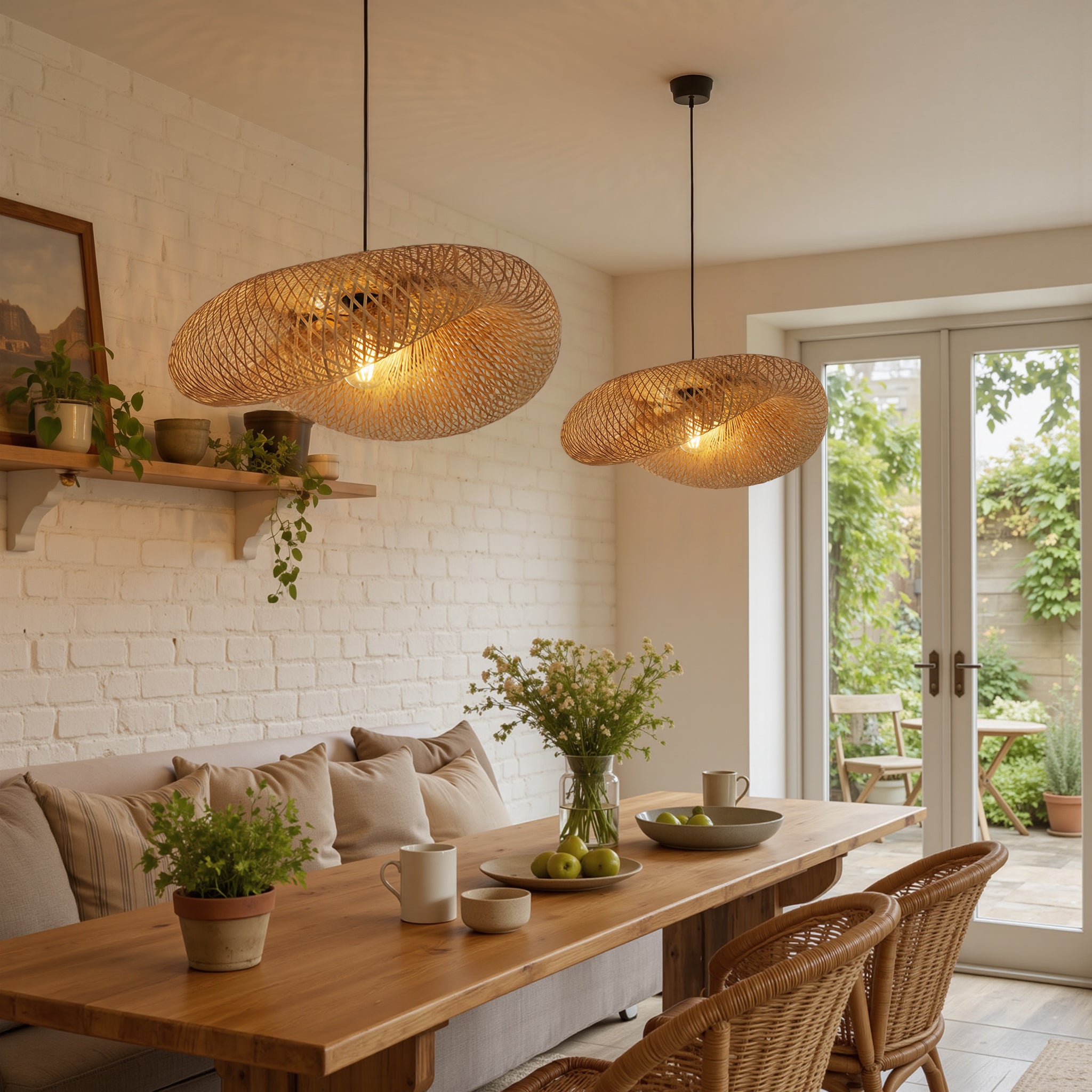 pair of bamboo pendant lights over a kitchen dining table