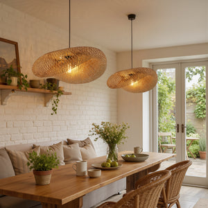 pair of bamboo pendant lights over a kitchen dining table