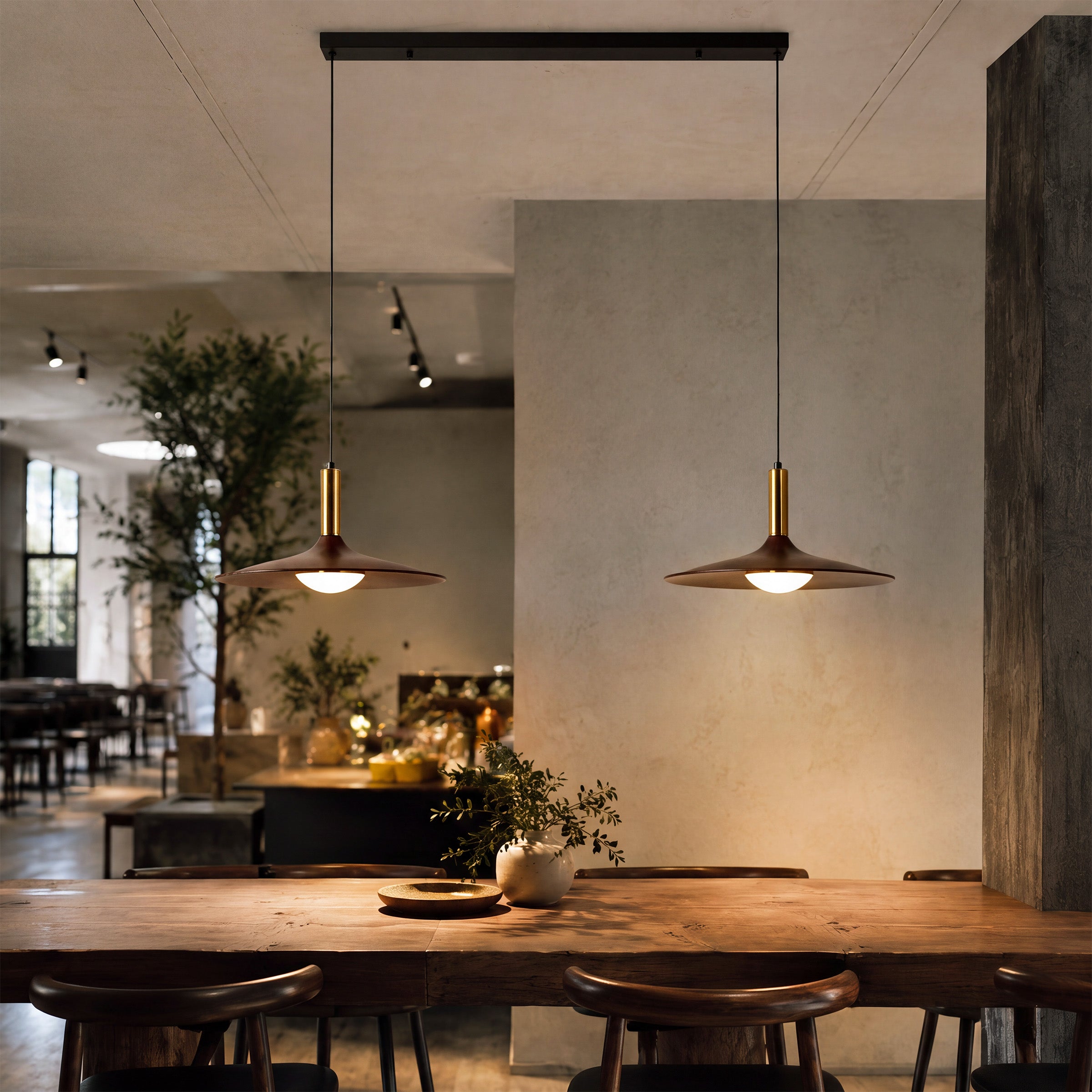 walnut double pendant light shown as a clean product view