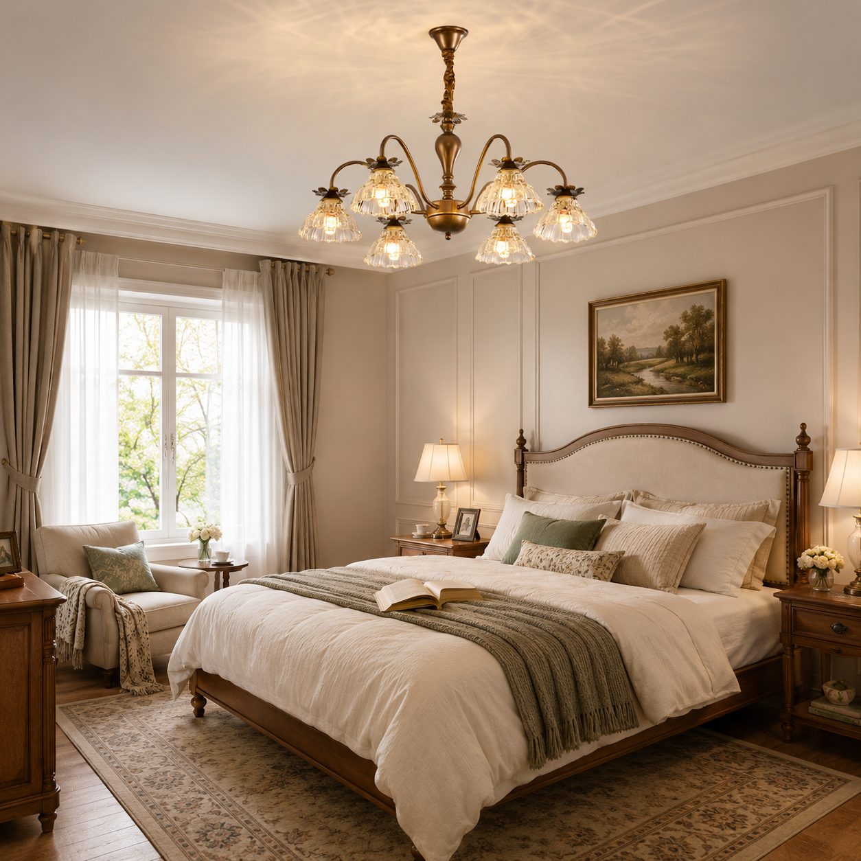 6-light gold vintage floral glass chandelier in a warm bedroom setting