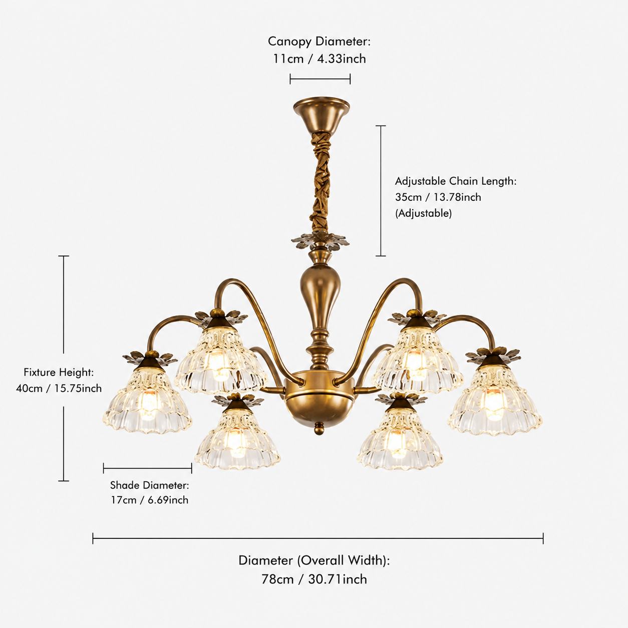 dimension chart for the six-light floral chandelier for 6-light gold vintage floral glass chandelier