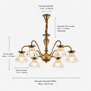 dimension chart for the six-light floral chandelier for 6-light gold vintage floral glass chandelier
