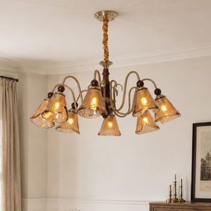 8-light walnut vintage cut glass chandelier with eight cut glass shades and walnut accents