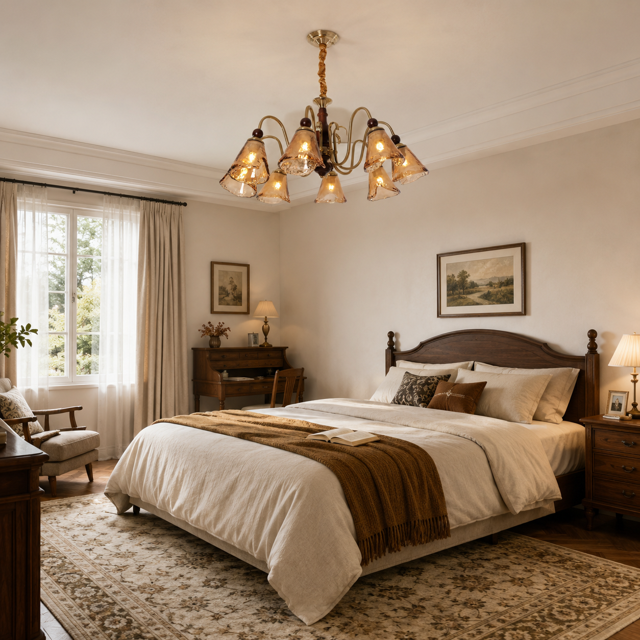 8-light walnut vintage cut glass chandelier in a warm bedroom with neutral bedding