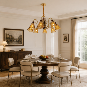 8-light walnut vintage cut glass chandelier above a dining table with classic chairs