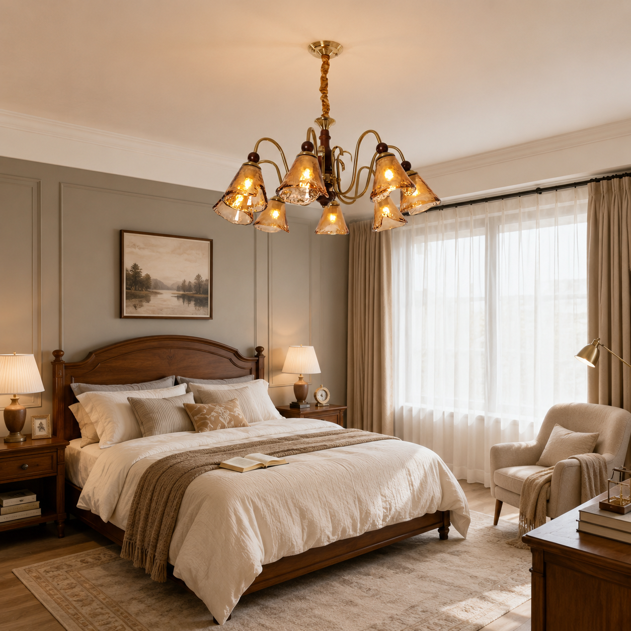 8-light walnut vintage cut glass chandelier in a cosy bedroom with framed wall art