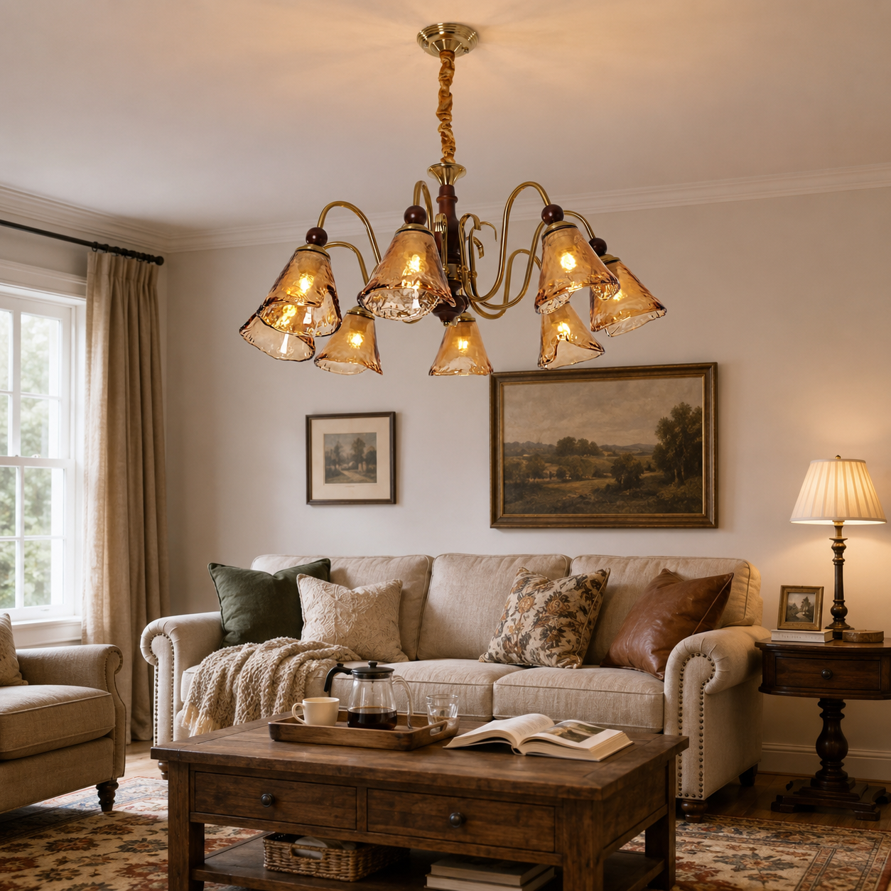 8-light walnut vintage cut glass chandelier above a living room seating area