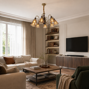 8-light walnut vintage cut glass chandelier in a living room with TV cabinet