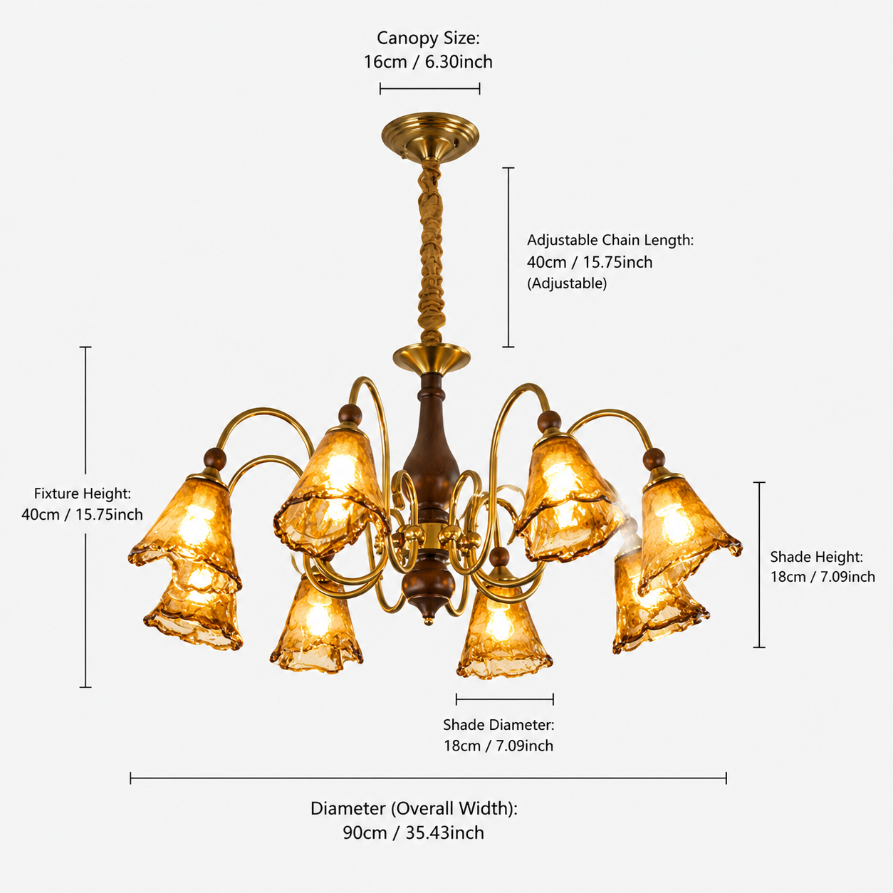 dimension chart for the eight-light chandelier for 8-light walnut vintage cut glass chandelier