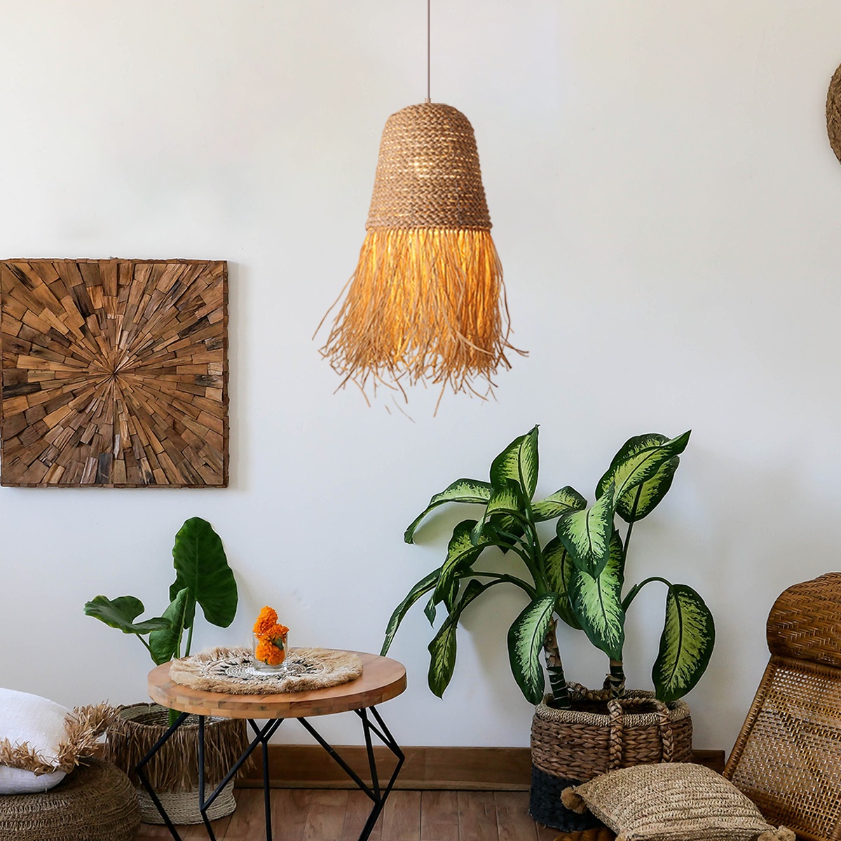 Handcrafted Woven Grass Vine Hat LED Pendant Light