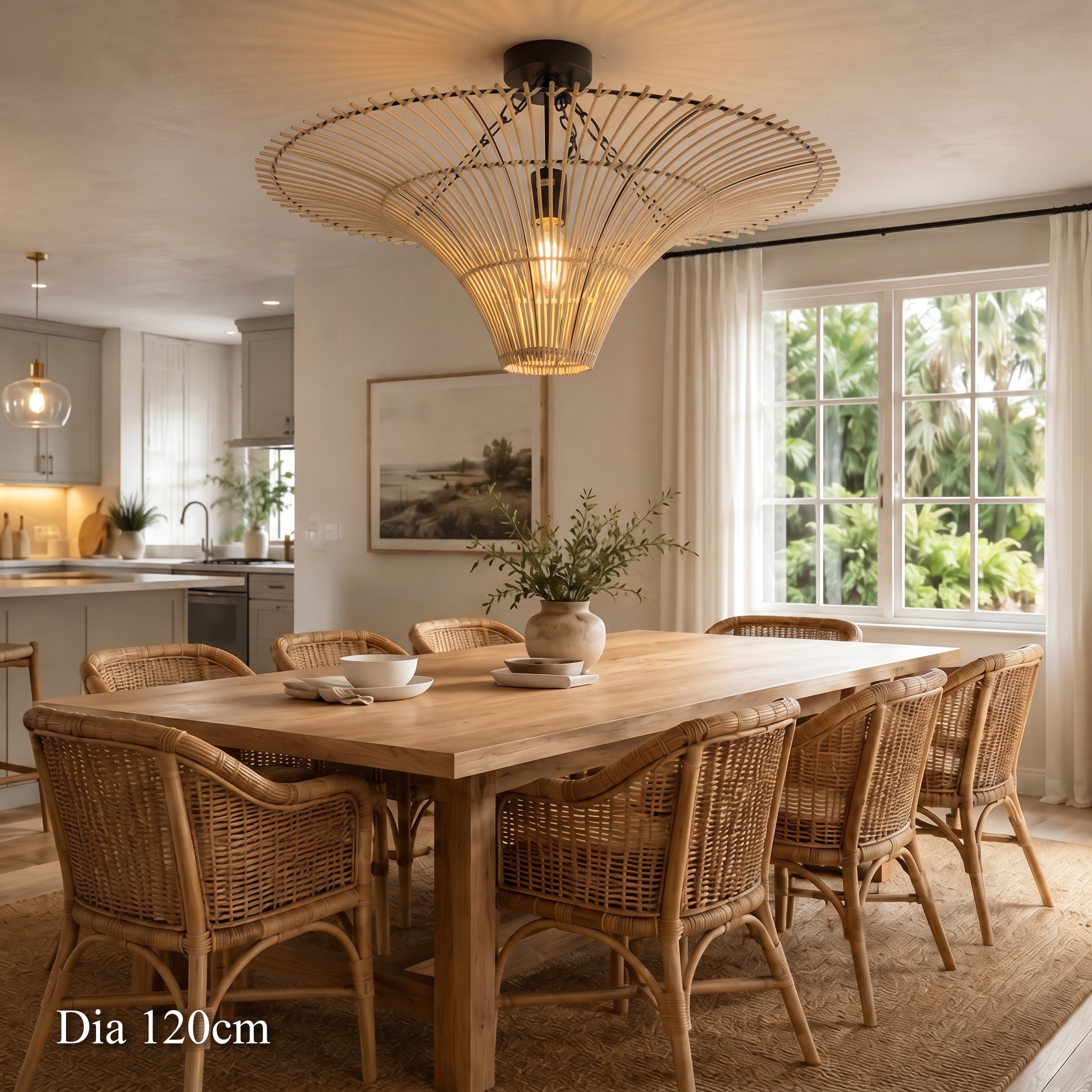 120cm rattan ceiling light above a long wooden dining table