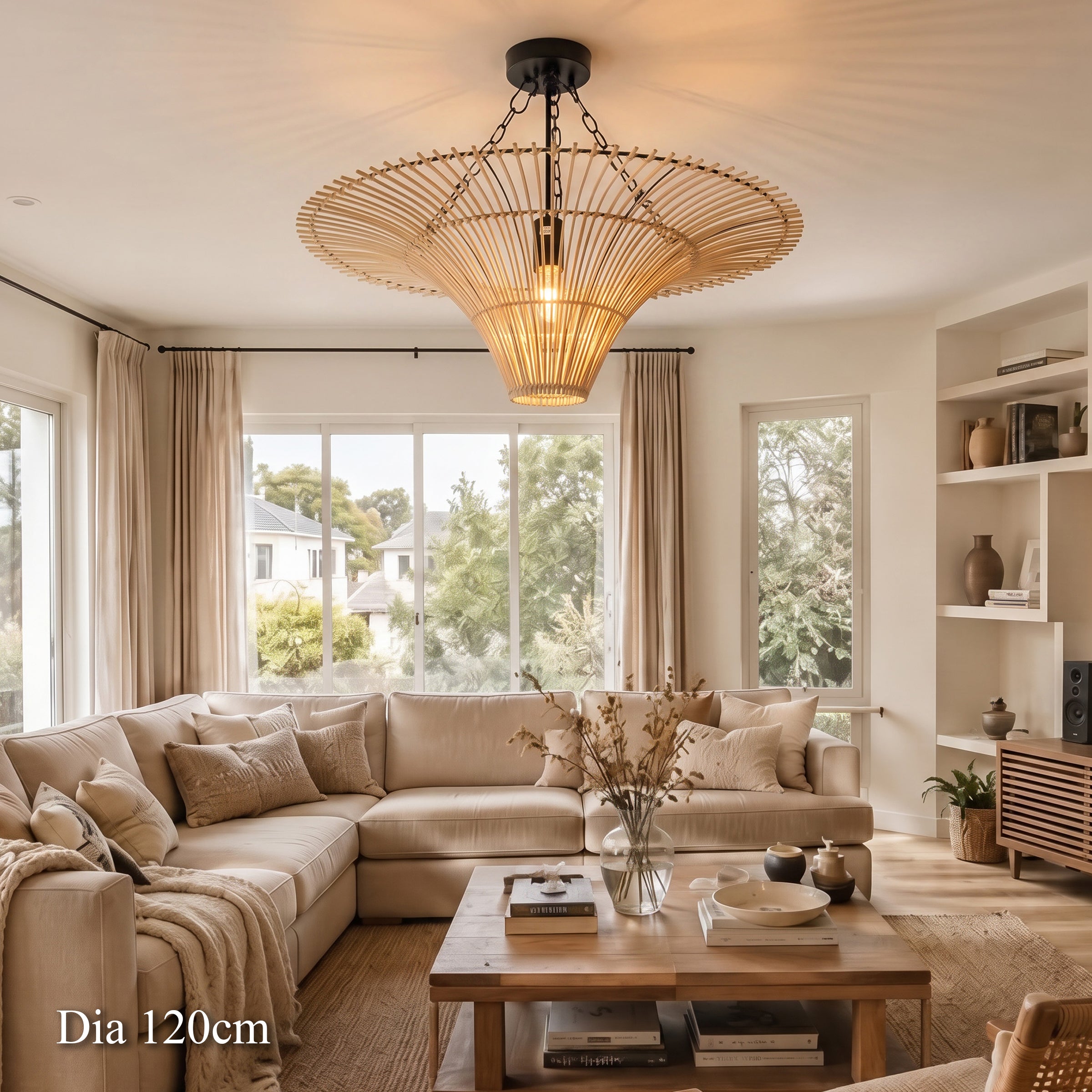 120cm woven rattan ceiling light above a natural living room with coffee table