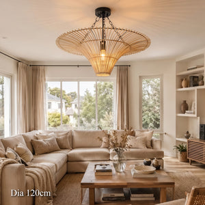 120cm woven rattan ceiling light above a natural living room with coffee table