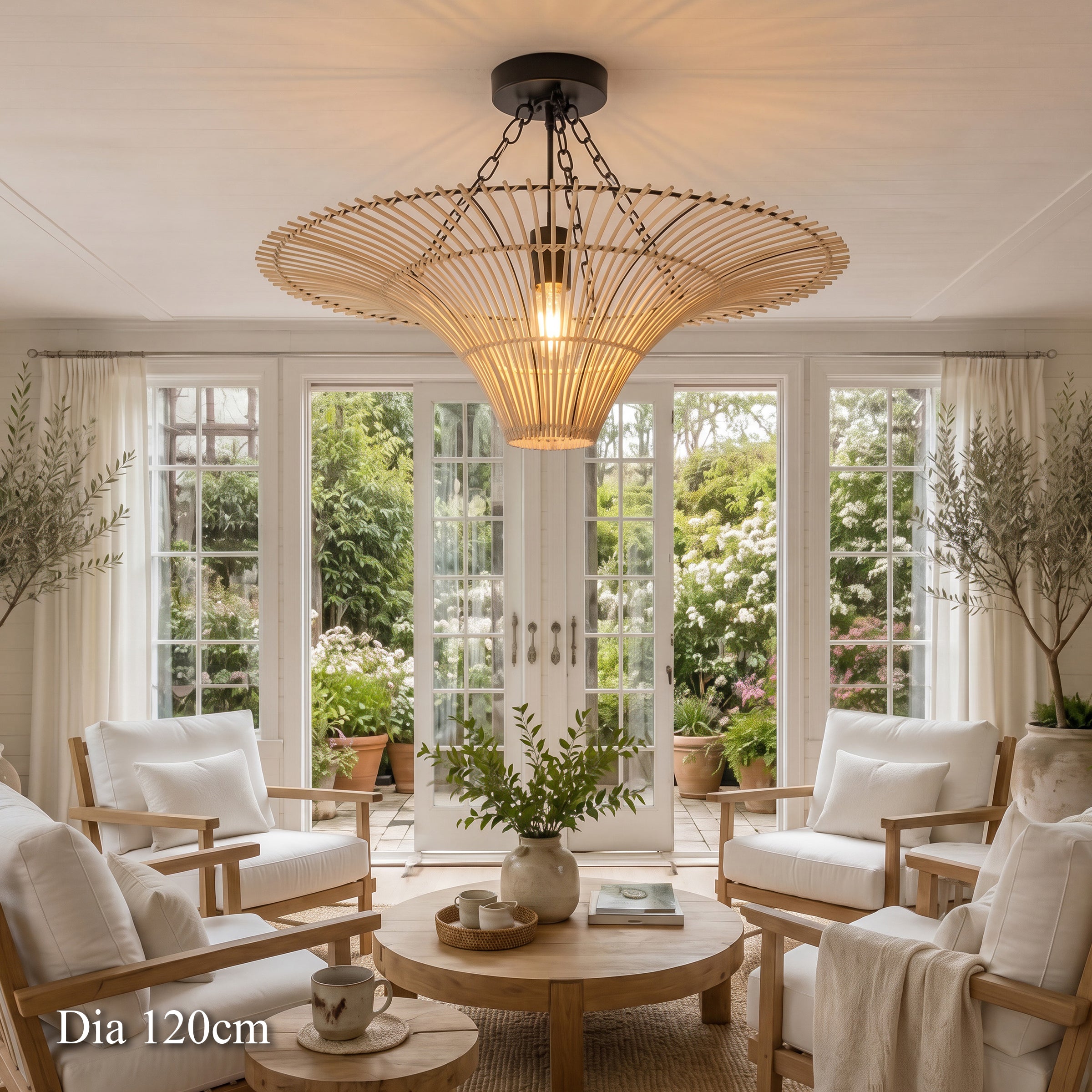 120cm rattan saucer ceiling light over a bright open-plan living room
