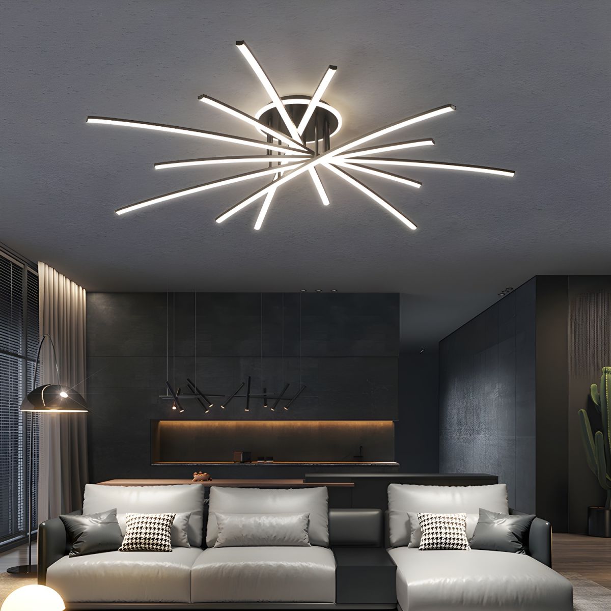 Modern Elegant Linear Semi Flush Mount Ceiling Light Fixture in Black