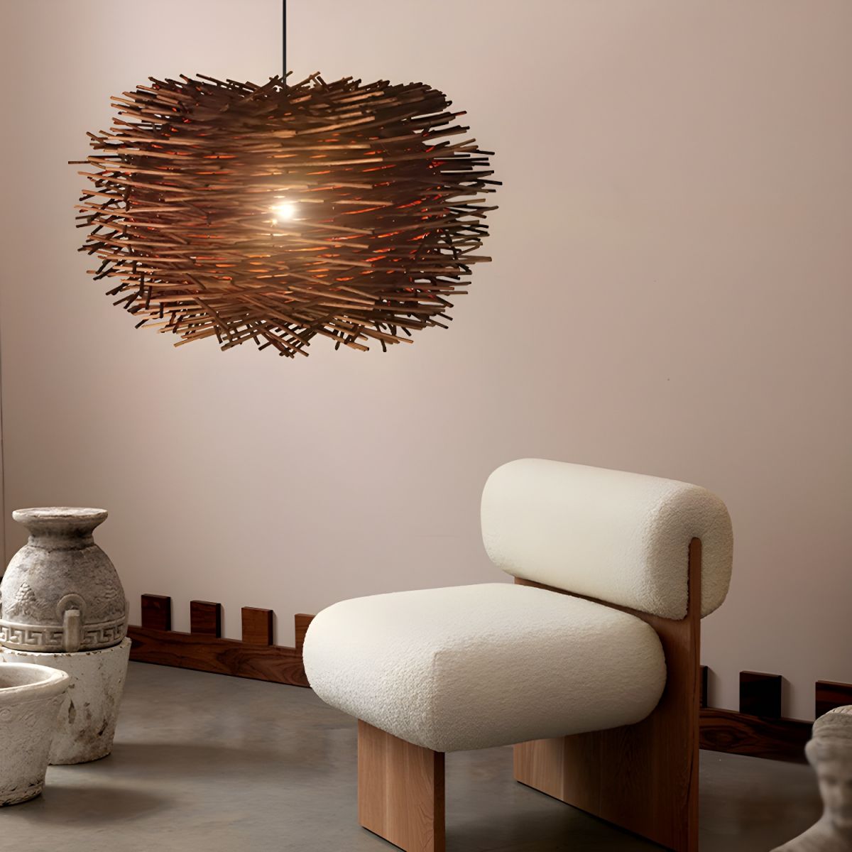 Coffee-Colored Bamboo Art Bird's Nest Spiral Pendant Light