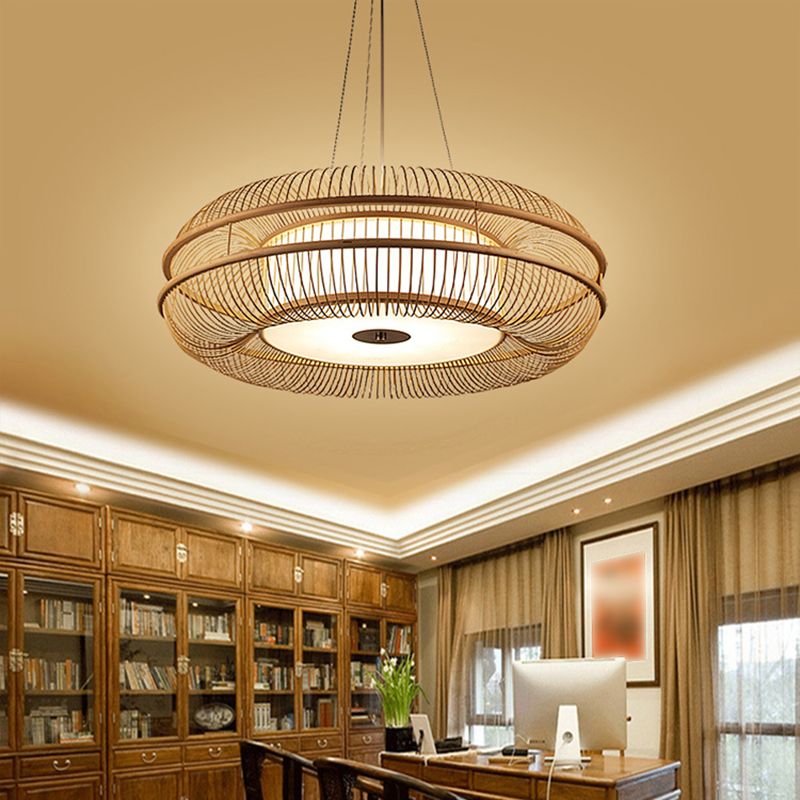 Hanging LED Bamboo Pendant Light Drum-Shaped 45/60/70/80 Dia