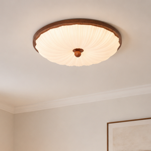 walnut pattern acrylic ceiling light with patterned acrylic shade on a ceiling