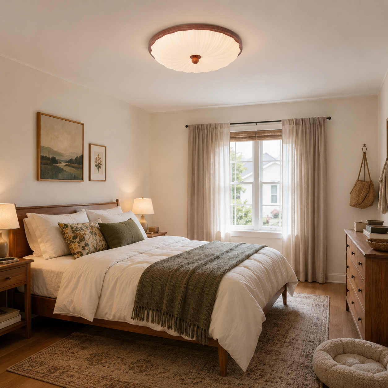 walnut pattern acrylic ceiling light in a warm bedroom with soft bedding