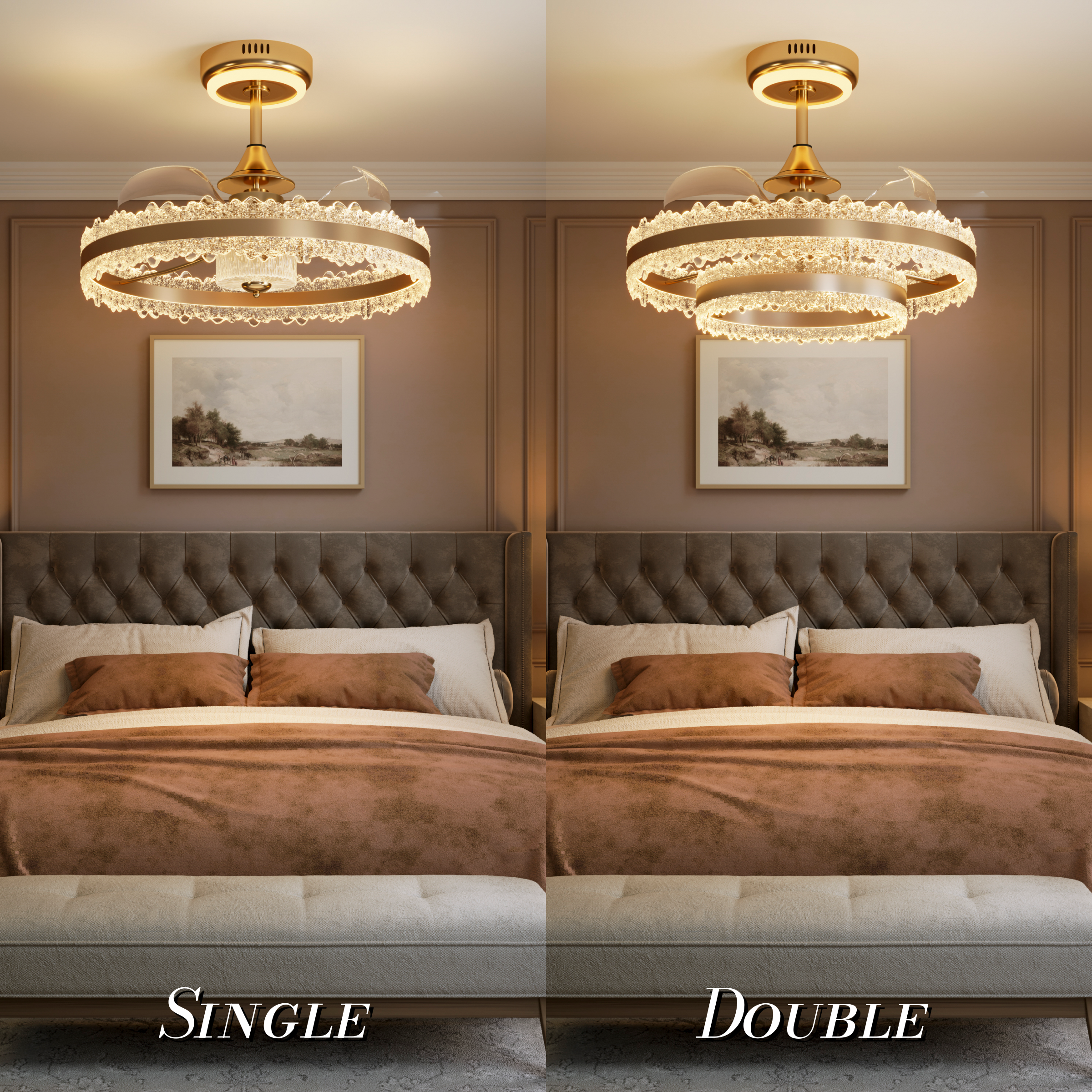 Single and double gold halo ceiling fan light options shown in a bedroom