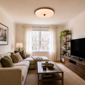 walnut pattern acrylic ceiling light in a living room with sofa and coffee table