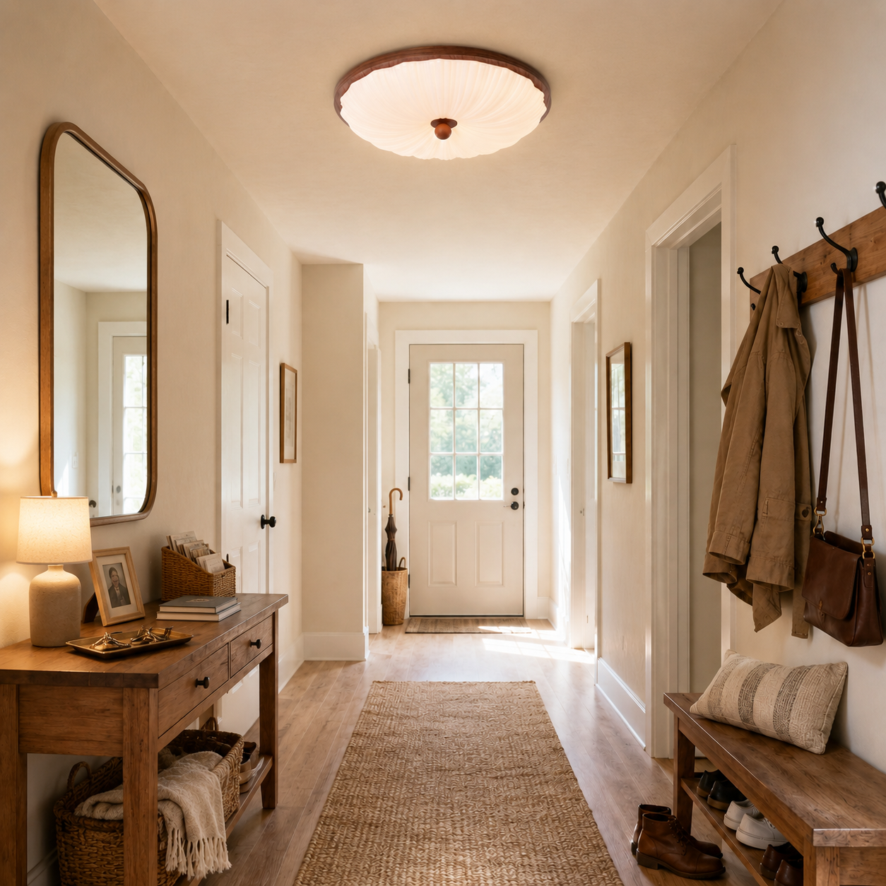 walnut pattern acrylic ceiling light lighting a hallway beside coat hooks