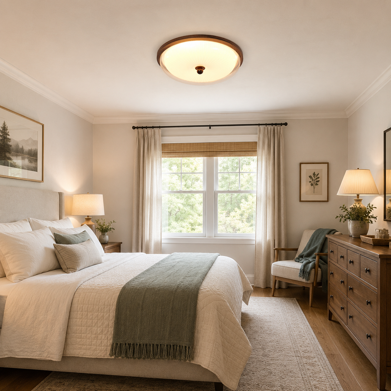 walnut acrylic shade ceiling light in a bedroom with warm bedside lighting