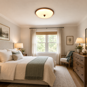 walnut acrylic shade ceiling light in a bedroom with warm bedside lighting