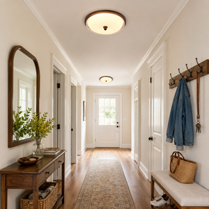 walnut acrylic shade ceiling light lighting a bright hallway