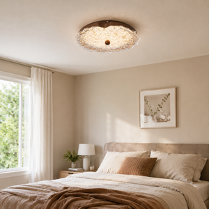 walnut ripple acrylic ceiling light in a bright bedroom with soft daylight