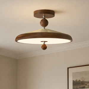 walnut two globe ceiling light with two globes on a warm bedroom ceiling