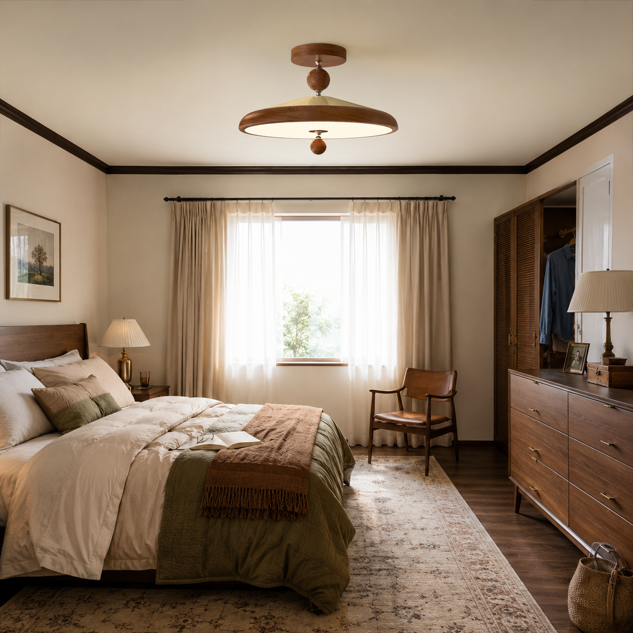 walnut two globe ceiling light in a cosy bedroom with wood furniture