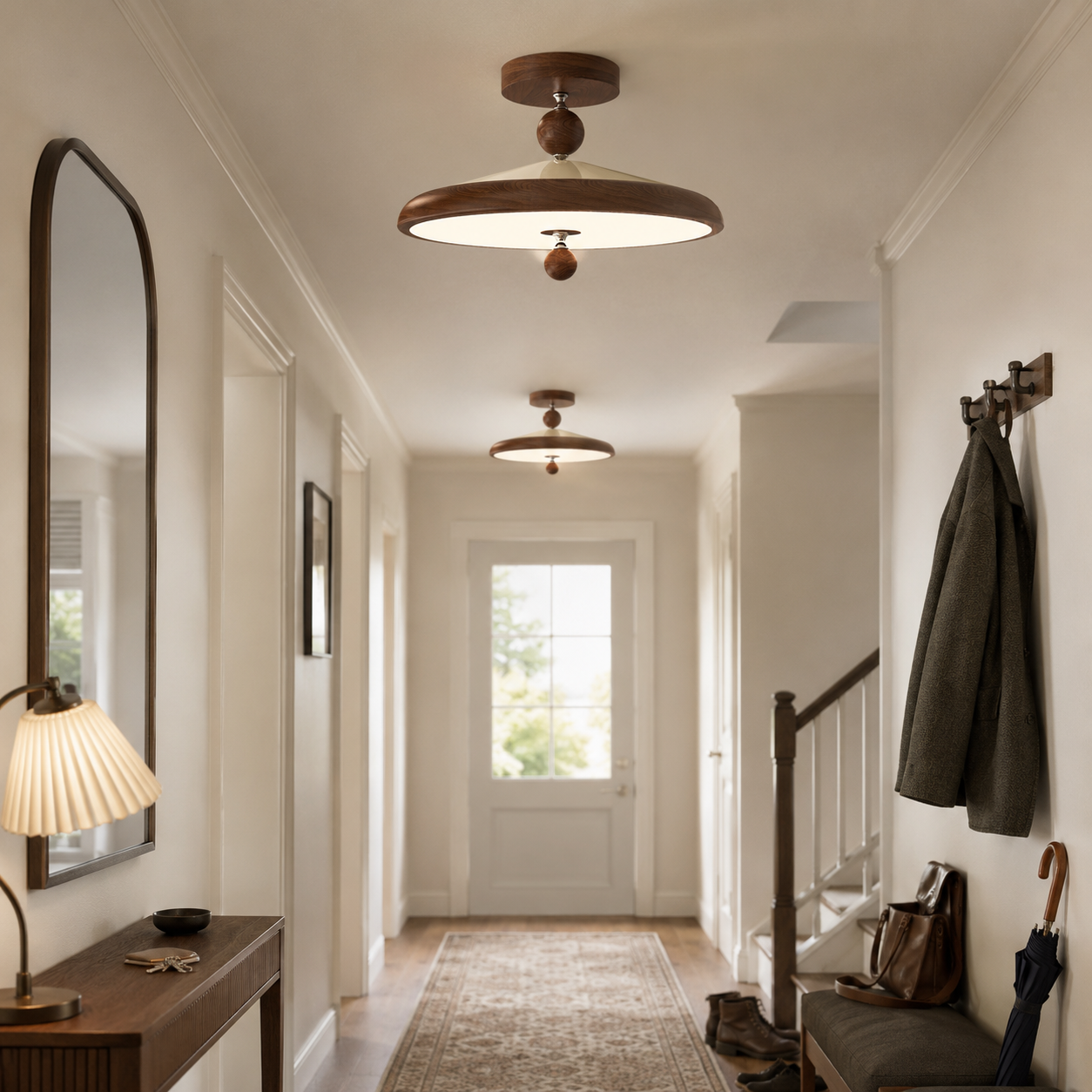 walnut two globe ceiling light lighting a bright hallway