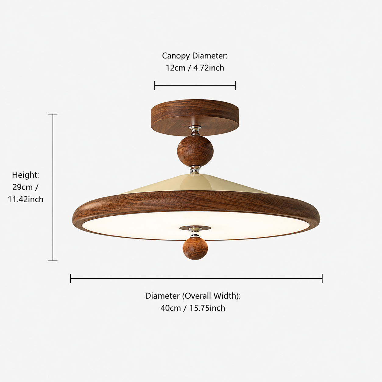 dimension chart with globe and canopy measurements for walnut two globe ceiling light