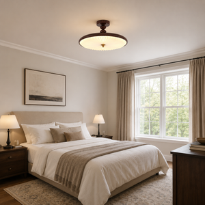 walnut pleated ceiling light in a calm bedroom with natural light