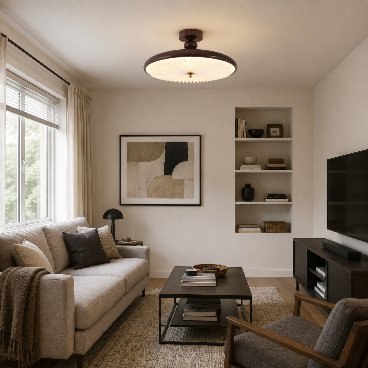 walnut pleated ceiling light in a cosy living room with window light